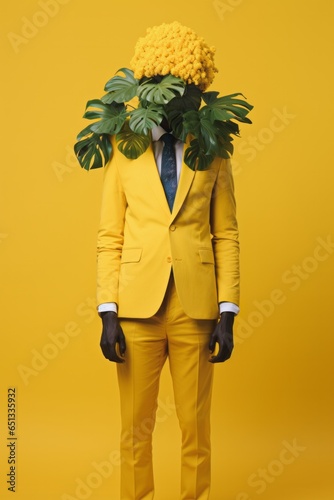 Black man wearing yellow suit on yellow background with Monstera leaves covering his face. Modern advertising photo. 