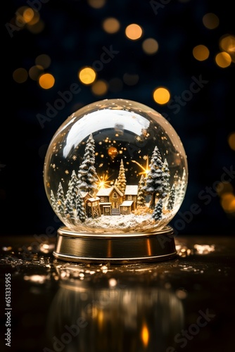 A snowglobe with Christmas tree and houses covered with snow on dark background with bokeh 