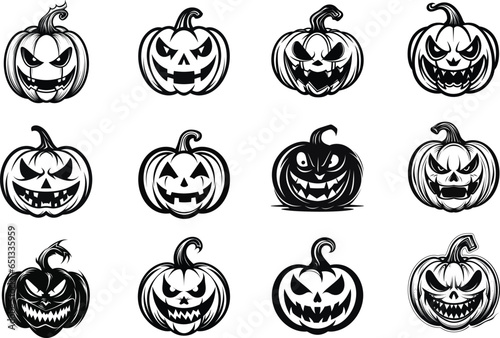 Vector set of evil face pumpkin silhouettes set, Happy Halloween day pumpkins on white background 