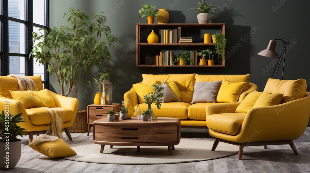 Cozy interior design of a modern living room with a yellow sofa and armchair - obrazy, fototapety, plakaty 