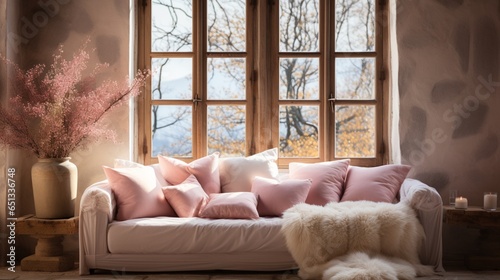 French country, farmhouse interior design of a modern living room with a cozy home place Pink and white pillows and a blanket on a sofa near a window