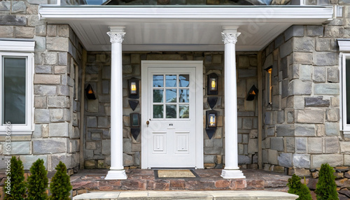 Contemporary Elegance: Wooden Door and Stone Porch. Generated with AI