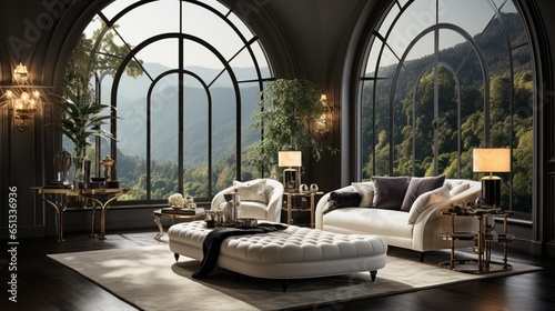 Hollywood regency home interior design of a modern living room in a villa with a cozy luxury tufted curved round sofa and a velvet pouf on black parquet flooring near curtains and an arched window