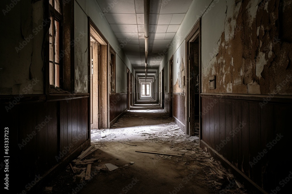 Creepy abandoned hospital hallway. Generative AI