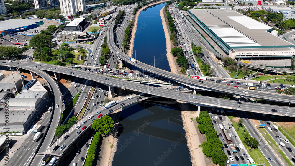 Cityscape of traffic jam at highway road landmark of Sao Paulo Brazil ...