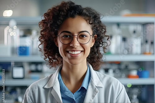 Laboratory worker, who is a young and brainy scientist from Latin America, is wearing glasses and smiling in a captivating way.