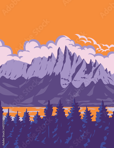 WPA poster art of Sky Pond in Rocky Mountain National Park in northern Colorado, USA done in works project administration or federal art project style.
