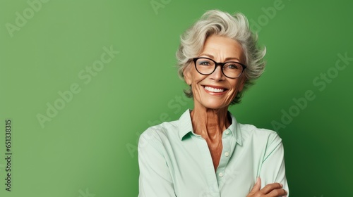 Elderly Caucasian Woman Radiating Confidence in a Studio Shoot, Against a Refreshing Green Background with Copy Space- generative AI, fiction Person