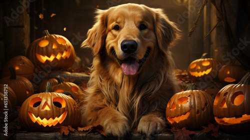 cute border collie dog with a pumpkin. dog with halloween pumpkin. generative ai