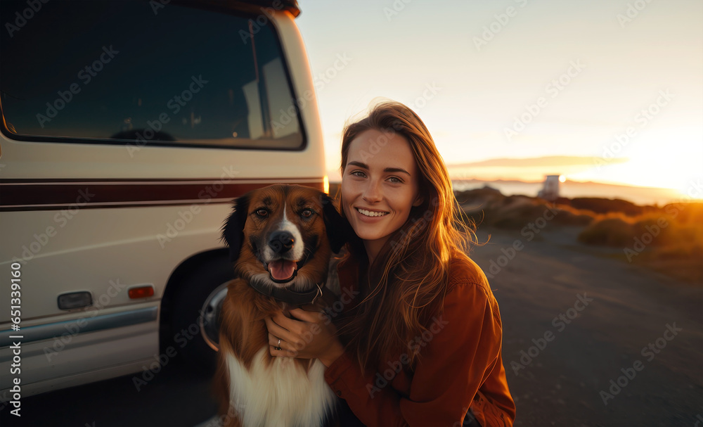 Beautiful young woman and her pet dog in front of their motor home, trailer, camper, van during road trip across the country