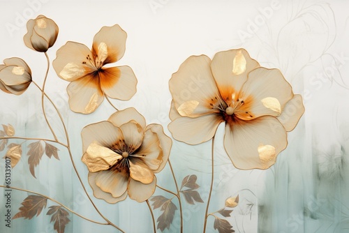 Abstract flower artwork with a herbarium feel, featuring a luxurious color combination, golden glow, and abstract foliage pattern on a pastel turquoise and gray background with dried. Generative AI