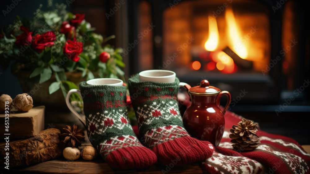 Winter vibe, warm woolen socks, a sweater and cups of hot tea against the backdrop of a burning fireplace. Ai generated
