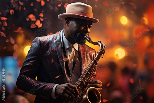 Jazz, musical art, African rhythms, Afro-American and Latino folklore, music culture, piano saxophone, Chicago music, nightlife, melody rhythm . photo