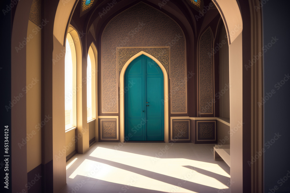 Mosque and shadows. Light rays from mosque window or door. Prayer's vision, generative ai. Muslim art.