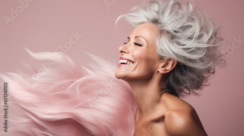 Mature Woman in a Dramatic Hair Flip Moment, Embodying Freedom and Confidence Against a Pastel Pink Studio Background- generative AI, fiction Person
