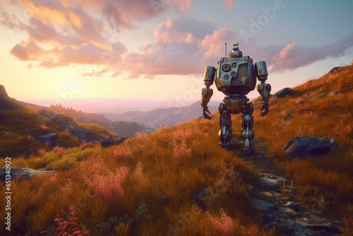 A robot standing on a mountain path gazes towards the sunset, seen from behind. Generative AI