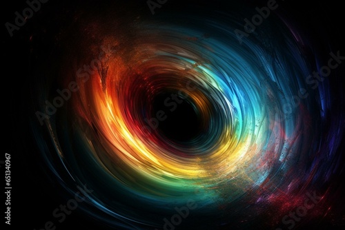 Abstract image: central black hole, colorful patterns, black background. Generative AI