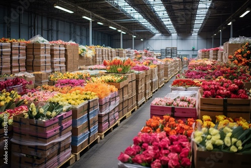 Assorted vibrant flowers neatly arranged in boxes inside a refrigerated warehouse, prepared for import and transportation for sale. Generative AI photo
