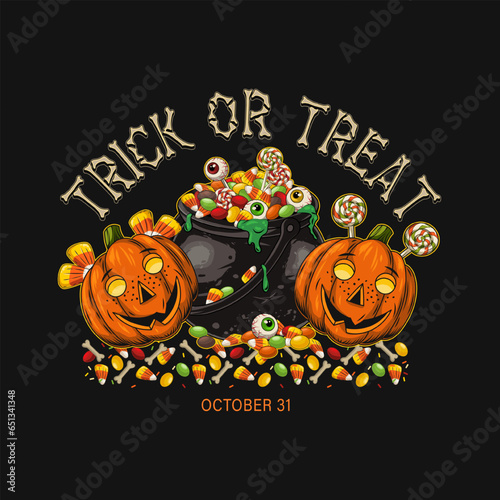 Label with witch cauldron full of traditional halloween candy, eyeballs, pumpkin heads like happy kids. Drops of green goo, slime. Cast iron pot Vintage style