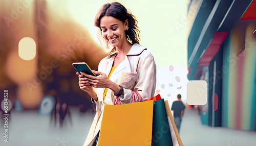smiley woman looking at smartphone outdoors while holding shopping bags banner background poster wallpaper.AI Generative.