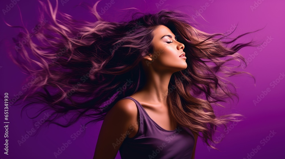 Energetic Pose from a Young Woman Hair Flipping, Set Against a Dynamic Purple Studio Backdrop with Plenty of Text Space- generative AI, fiction Person