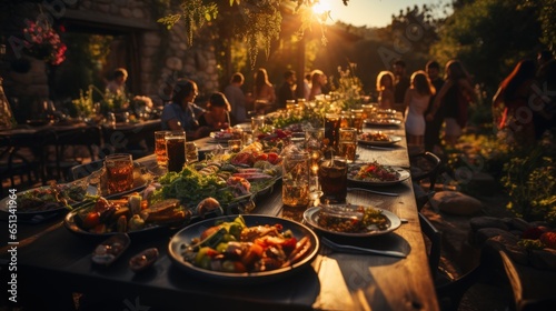 A rustic long table outdoors sunset, feast, with dishes from local produce, heart of a family friends gathering. The laughter, toasts, and shared moments are accentuated by the sun's golden embrace.