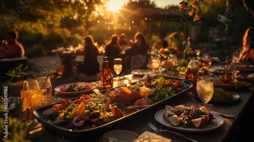 warm and inviting scene of a family gathering for a meal outdoors at sunset, with the sun casting a golden light over the table set with food and drinks, harvest celebration