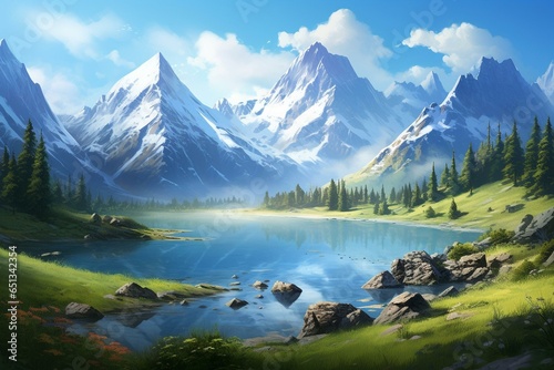Beautiful artwork of a serene natural landscape featuring a lake and majestic mountains. Generative AI