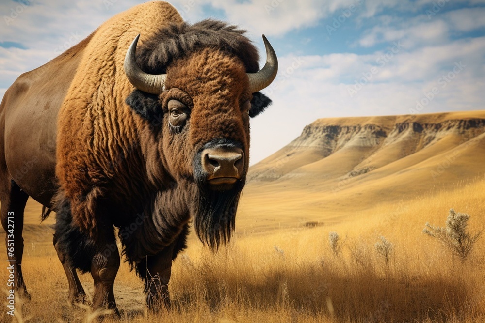 A large bison in North Dakota's badlands, located in Theodore Roosevelt National Park. Generative AI - obrazy, fototapety, plakaty 