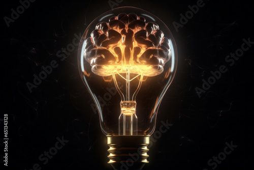 Glowing brain inside a conceptual light bulb represents the power of idea generation, inspiration, and cognitive insight, highlighting the importance of mental fitness and wellness. AI Generative.