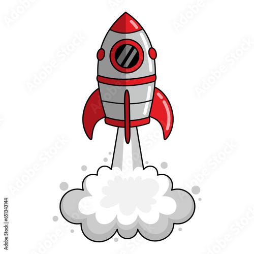 Cartoon space rocket launch. Spacecraft takes off. Vector illustration of space ship taking off. Isolated cartoon spaceship on white background. Colored clipart on a cosmos theme.