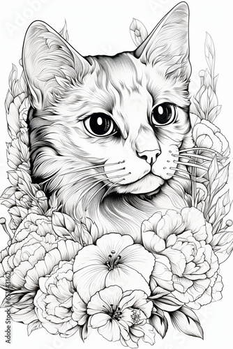 Coloring page, cat with flowers, Generative AI © Imagify