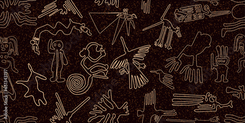 amazing world famous peruvian ancient indigenous nazca lines seamless pattern over a dark brown worn out background