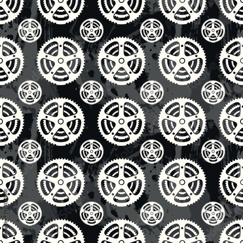 White bike chain ring seamless pattern over dark grey water color effect at background