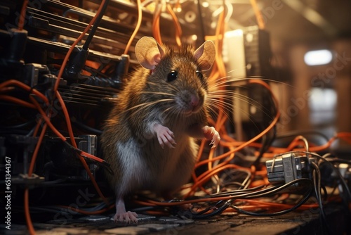Damaged electrical wires by mouse. Rodent infestation concept. Generative AI photo