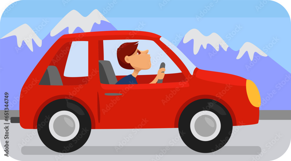 Red car on the snow road, illustration, vector on a white background.