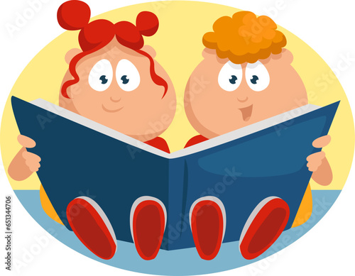 Twins reading book, illustration, vector on a white background.