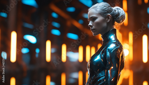 a young woman takes command as the spaceship commander, wearing a metallic space suit in a sci-fi setting with anamorphic flares and warm hues. photo