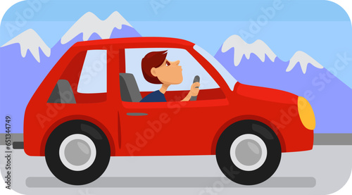 Red car on the snow road  illustration  vector on a white background.