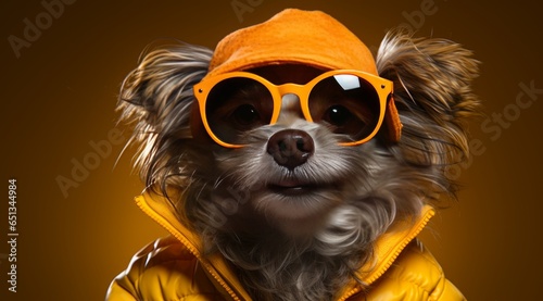 funny dog in sunglasses on dark background. Fashionable dog dressed in beautiful clothes. © Vero