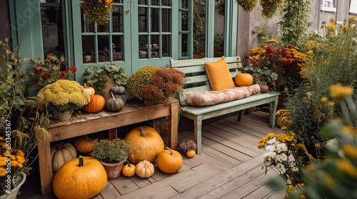 Backyard porch patio decorated for autumn with flowers and pumpkins genertive ai