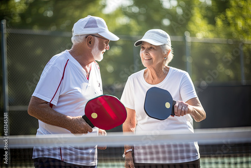 Pickleball couple active lifestyle on outdoor court generative AI