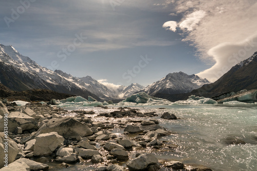 Group of Icebergs floating on the surface of Tasman Lake in the Mount Cook National Park