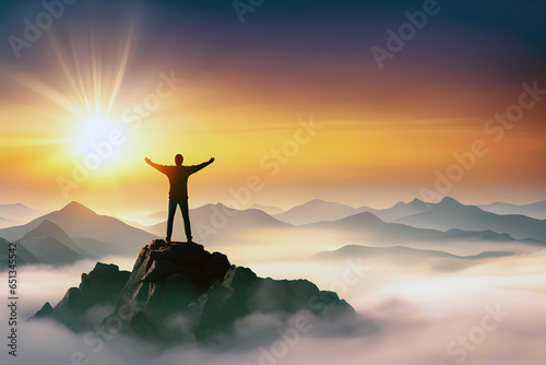 Sunrise view from the top of a rocky mountain with clouds and a man at the top celebrating his success.