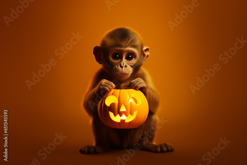 little monkey child with halloween pumpkin