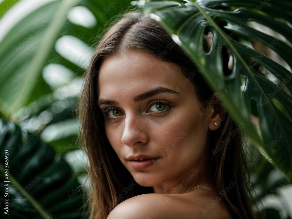Beautiful young woman covering her face by green monstera leaf while looking at camera Beautiful young woman covering her face by green monstera leaf while looking at camera