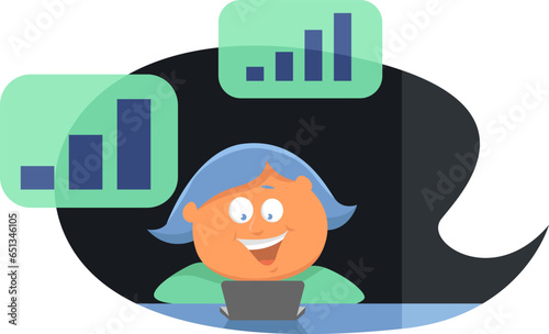 Girl with blue hair on a laptop, illustration, vector on a white background.