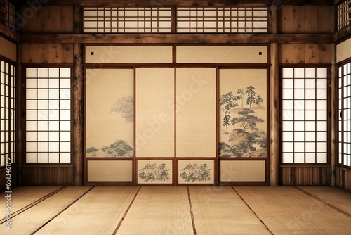 Frontal view of traditional Japanese shōji as blank background for Japanese themes. Paper walls in wooden frames allow daylight into interior. Generative AI