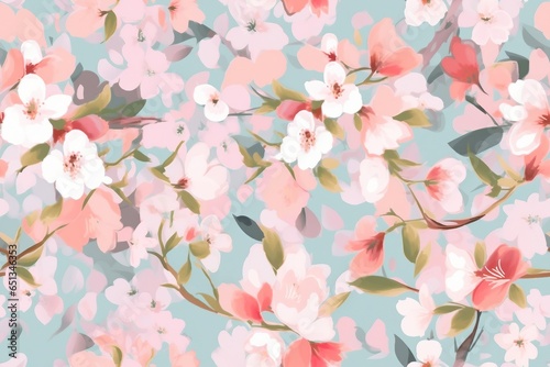 Abstract floral seamless pattern. Bright colors, painting on a light background. Cherry blossoms. generative ai.