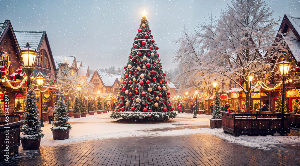 Christmas village, snowy santa village with a big Christmas tree and pine trees, xmas decorations, magical feel Christmas village, snowy santa village with a big Christmas tree and pine trees, xmas decorations, magical feel